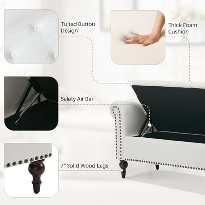 Velvet Chaise Lounge with Storage & Left Armrest, White, view 6