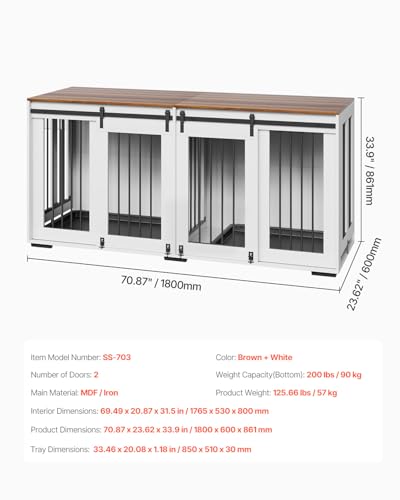 72"Dog Crate Furniture for 2 Dogs,Double Dog Crate Furniture with Double Sliding Doors,Large Dog Crate TV Stand with Removable Tray,Steel Frame Double Dog Crate for Small,Medium,Large Dogs White