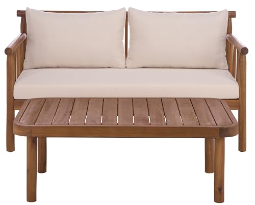 SAFAVIEH Outdoor Patio Furniture Collection - Cardori Teak & Cream Solid Wood Bench with Cushions and Coffee Table Set, 2-Piece Patio Seating Ensemble (PAT6808A)