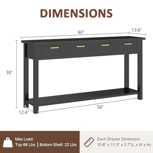 Console Table for Entryway, 60 Inch Sofa Table w/4 Drawers and Bottom Shelf Narrow Long Hallway Table for Living Room Entryway Home, Black