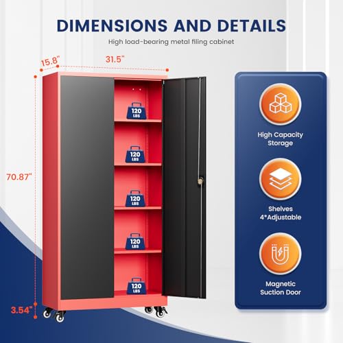 Metal Garage Storage Cabinet with Locking Doors and Adjustable Shelves, 75" Rolling Steel Tool Cabinet for Home Office,Garage,Warehouse