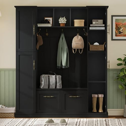ON-TREND Farmhouse Elegant Hall Tree with 4 Side Cabinets, All-in-One Mudroom Furniture with Adjustable Shelves & Open Cubbies, Beadboard Entryway Bench with Coat Rack & 5 Hooks for Hallway, Black