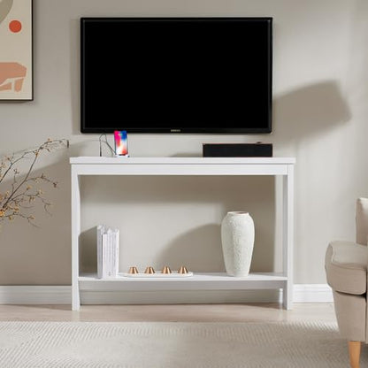 ZGREN Narrow Sofa Table with Outlet and USB Port, Behind Couch Table Skinny Console Table with Charging Station Thin and Long Slim Entryway Table for Living Room, Hallway, Entry Hall, Foyer, White