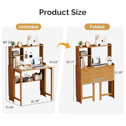 Folding Desk with Bookshelf, Compact Foldable Desk for Small Spaces,Brown, view 7