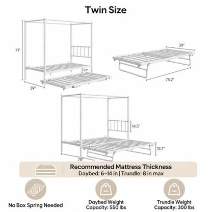 Twin Daybed with Trundle, Canopy Bed with Pop Up Trundle, White, view 3
