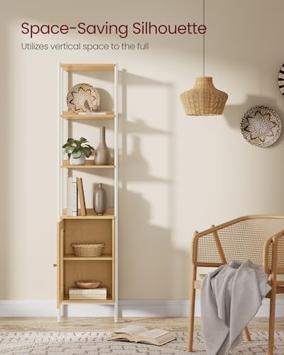 VASAGLE 6-Tier Bookcase, Bookshelf with Rattan-Like Door, Boho Style, Freestanding 15.7-Inch Wide Storage Shelf, Metal Frame, Adjustable Shelf, for Living Room, Oak Beige and Pearl White ULLS122W57