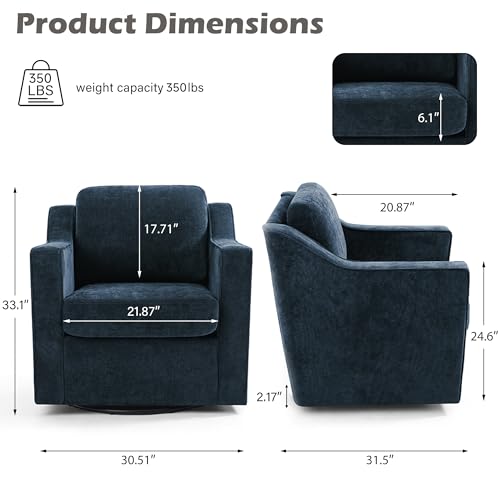 Swivel Accent Chairs Set of 2, Chenille Armchair with Lumbar, Navy | Comfortable Upholstered | Modern Reading Seat | Solid Wood Frame | High-Resilience Foam Padding | For Living Room, Bedroom