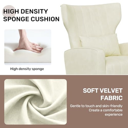 Velvet Accent Chair Wingback for Living Room, High Back Arm Chair with Golden Legs Lumbar Pillow, Upholstered Single Sofa Bedroom Beige