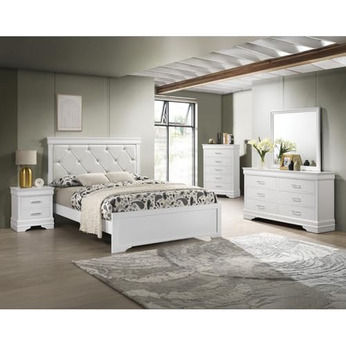 Trending Large White Finish Queen Size Panel Bed with Crystal-Like Button Tufted Headboard for Modern Bedroom Furniture