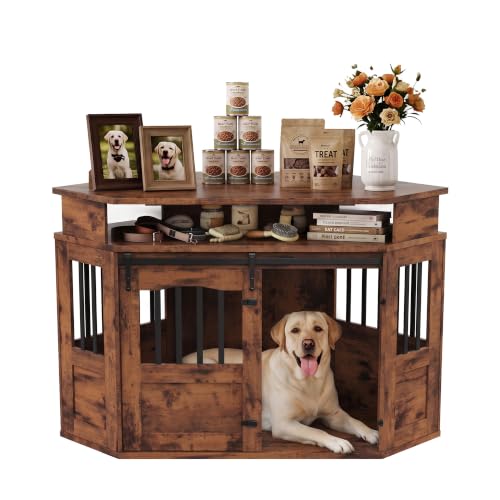 Dog Crate Furniture, 52" Corner Dog Crate End Table Brown, view 2