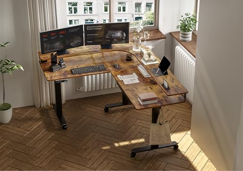 L Shaped Standing Desk with Drawers, 63 Inch, Rustic Brown, view 3