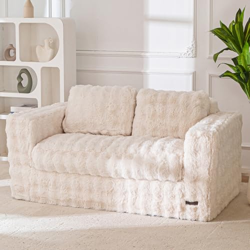 Loveseat Sofa Couch, Upholstered Bean Bag Chair Cloud Seat for Adults, Boneless Couch with Cushion & Pillows, Sofa in A Box, No Assembly Required, Bubble Beige, 2-Seat