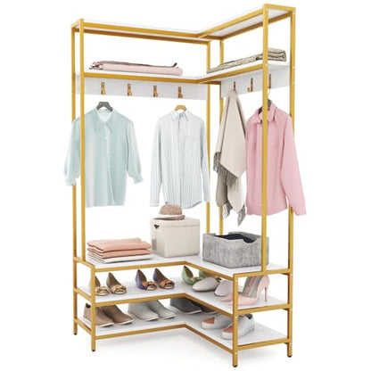 Corner Coat Rack with Shoe Bench, L-Shaped Garment Rack with 5 Shelves & 7 Hooks, Heavy Duty Freestanding Clothes Racks Entryway Bench with Shoes Organizer for Hallway (White & Gold)