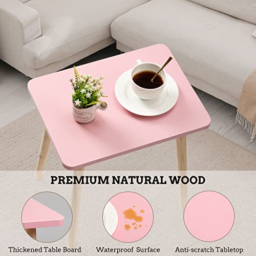 Small Accent Table, Modern Mini Coffee Table with Natural Wood Legs, Quick Assembly End Furniture for Bedroom Living Area Sofa, Minimalist Design for Nuresery and Compact Homes, Pink