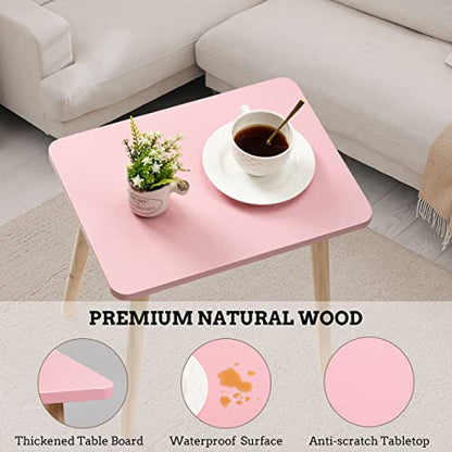 Small Accent Table, Modern Mini Coffee Table with Natural Wood Legs, Quick Assembly End Furniture for Bedroom Living Area Sofa, Minimalist Design for Nuresery and Compact Homes, Pink