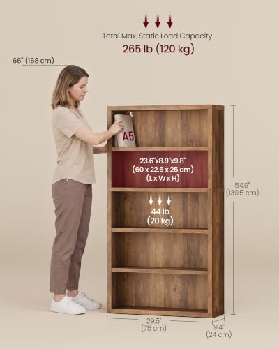 5-Tier Bookshelf, Minimalist Bookcase with Adjustable Shelves, view 4