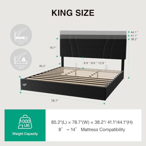 King Lift Up Storage Bed Frame/Charging Station/LED Light, Black, view 3