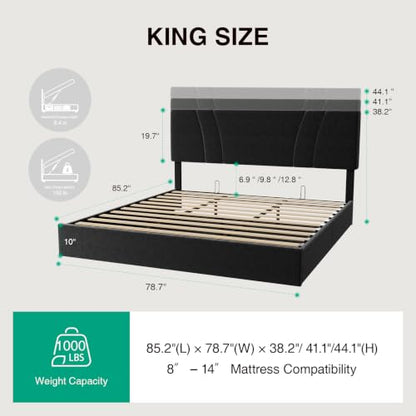 King Lift Up Storage Bed Frame/Charging Station/LED Light, Black, view 3