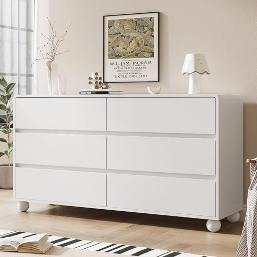 Mid-Century 3-Piece Dresser Bedroom Set, 6 Drawer Dresser & 2 Drawer Nightstands with Curved Profile Design & Handle Free, Wood Chest of Drawers for Bedroom, Living Room, Hallway, White