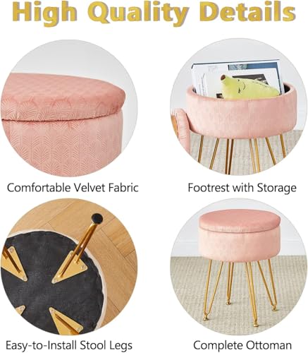 Foot Stool Velvet Storage Ottoman with Removable Lid Round Sofa Stools Foot Rest with Padded Seat Modern Style Makeup Stool Decorative Furniture Suitable for Lounge Dorm Room Blush
