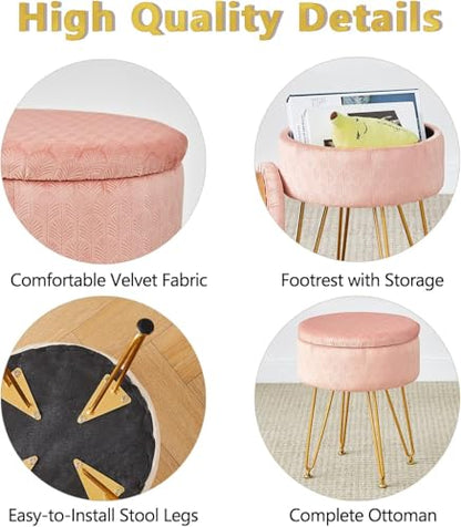 Foot Stool Velvet Storage Ottoman with Removable Lid Round Sofa Stools Foot Rest with Padded Seat Modern Style Makeup Stool Decorative Furniture Suitable for Lounge Dorm Room Blush