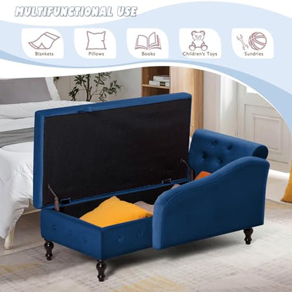Velvet Chaise Lounge w/Left Armrest & Storage Space, Blue, view 4