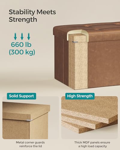 SONGMICS Mazie Collection - 30 Inches Folding Storage Ottoman Bench, Ottoman with Storage, Foot Rest Stool, Load 660 lb, for Living Room, Synthetic Leather, Coffee Brown ULSF040K11