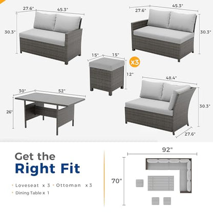 7 Piece Patio Furniture Set, High Curved Back Wicker Outdoor Dining Set, All Weather Patio Sectional, Outdoor Furniture Patio Conversation Set with Ottoman, Ash Gray