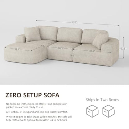 107" Boneless Cloud Couch, Modular Sectional Sofa with Deep Seat & Chaise, No Assembly Sofa-in-Box, Convertible L-Shape for Living Room Apartment, Bouclé, Oatmeal Beige