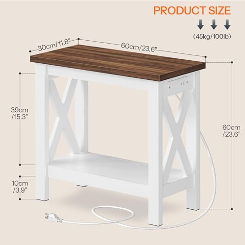 End Table with Charging Station, Farmhouse Narrow Side Table, 2-Tier with Storage Shelves, Slim Nightstand for Small Spaces, Living Room, Bedroom, White and Walnut WH360UBZ01