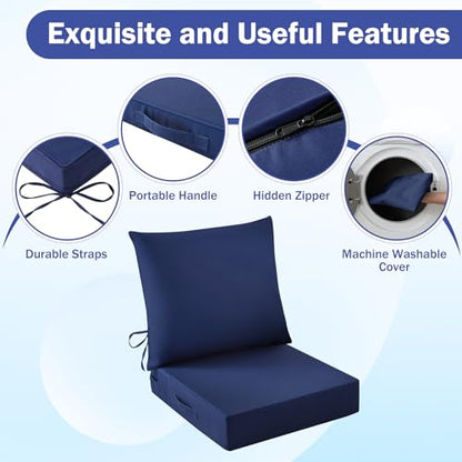 Outdoor Chair Cushions, 24 x 24 Inch Outdoor Cushion for Patio Furniture, Patio Chair Cushion, Waterproof & Fade Resistant Deep Patio Furniture Cushions Set with Handle and Ties, Navy Blue (Set of 4)