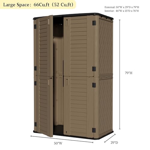 Large 67 Cu.ft Waterproof Storage Shed, Outdoor Storage Cabinet，Durable Resin Sheds for Patio Furniture, Garden Tools, Pool Accessories, Mower Storage (Coffee)