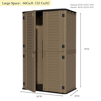 Large 67 Cu.ft Waterproof Storage Shed, Outdoor Storage Cabinet，Durable Resin Sheds for Patio Furniture, Garden Tools, Pool Accessories, Mower Storage (Coffee)