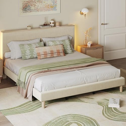 King Bed Frame with Storage Headboard & LED, Upholstered, Beige, view 4