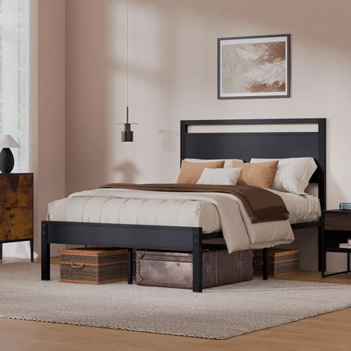 Full Bed Frame with Wooden Headboard & Footboard,Metal Platform Bed, view 4