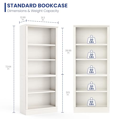 72 in Tall Bookcase, 31.3 in Wide Floor Standing Bookshelf, Open Storage 5-Shelf Bookshelves, Cream White Large Indoor Furniture for Home Office School Library Living Room Bedroom