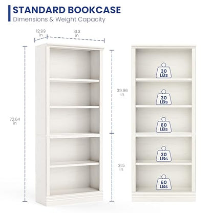 72 in Tall Bookcase, 31.3 in Wide Floor Standing Bookshelf, Open Storage 5-Shelf Bookshelves, Cream White Large Indoor Furniture for Home Office School Library Living Room Bedroom