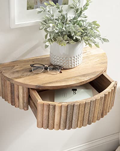 Reid Ribbed Wooden Floating Side Table; 20 x 11 x 6; Natural Brown; Modern Wood Floating Nightstand with Drawer for Extra Storage and Added Functionality