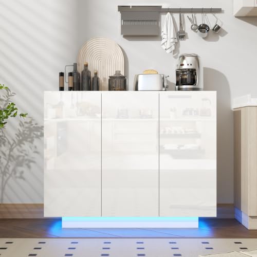 Modern 39.4" High Gloss Buffet Cabinet with LED Lights, White, view 6