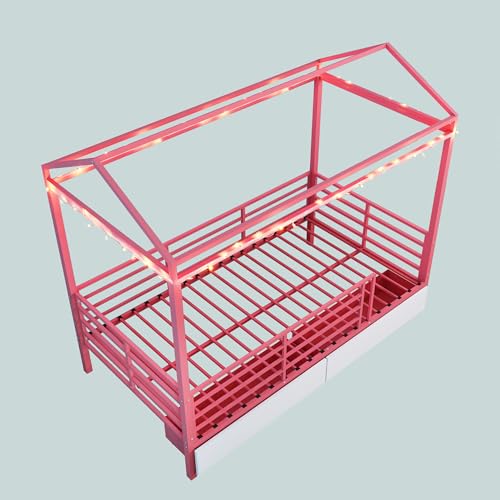 LUMISOL Twin House Bed Frame with Drawers & Guardrail, Metal House Platform Bed with Storage, Pink
