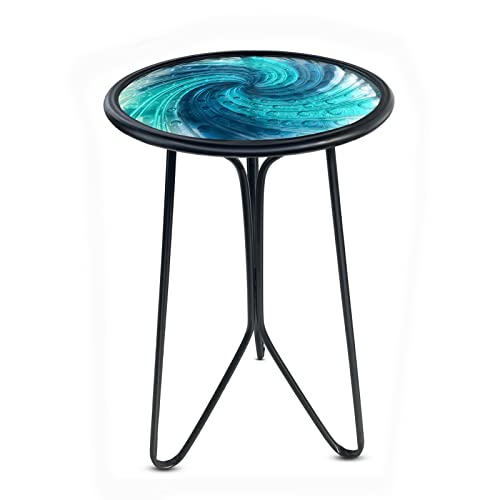 Patio Side Table, Small Round End Table, Metal Side Table Outdoor, Small Porch Table for Indoor Balcony Furniture Decor (Blue Glass 12inch)