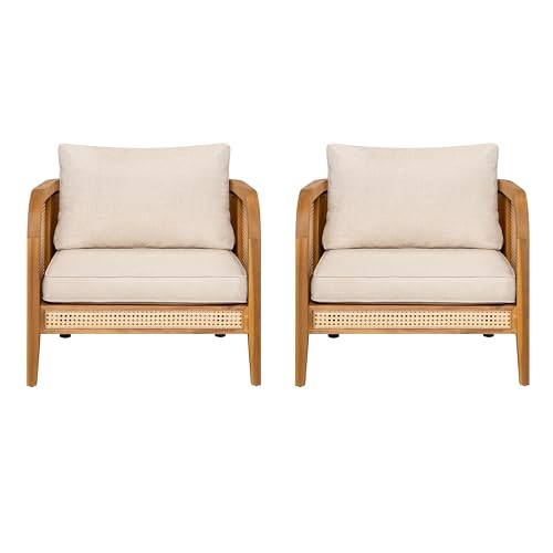 Set of 2 Tilden Bohemian Acacia Wood Patio Accent Chairs, Wicker Lounge Chair Outdoor, Patio Furniture Single Sofa with Cushion, Comfy Garden Reading Chair, Teak+Beige
