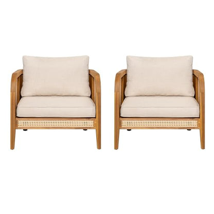 Set of 2 Tilden Bohemian Acacia Wood Patio Accent Chairs, Wicker Lounge Chair Outdoor, Patio Furniture Single Sofa with Cushion, Comfy Garden Reading Chair, Teak+Beige