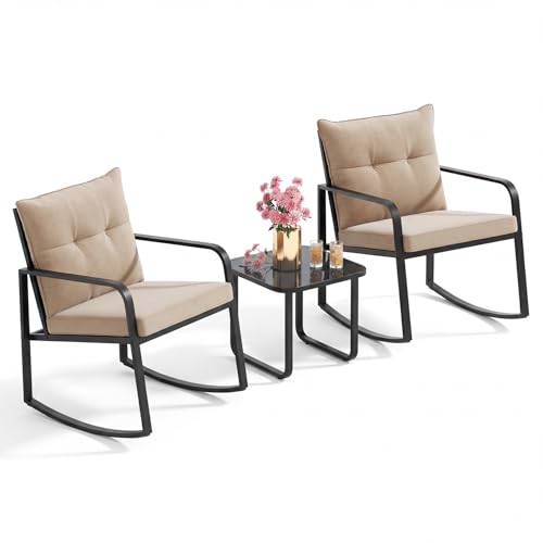 3 Piece Rocking Bistro Set, Black Steel Patio Furniture, Porch Chairs Conversation Set with Glass Coffee Table, Back Cushion, for Balcony, Garden, Pool, Backyard, Beige
