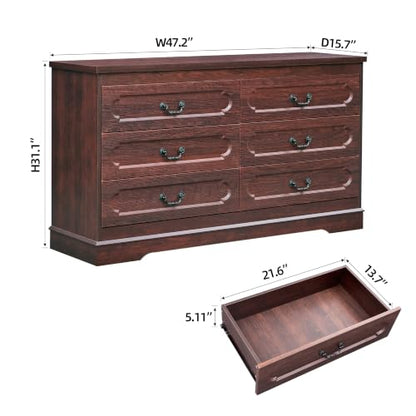 6 Drawer Dresser for Bedroom Farmhouse Cherry Tall Wood Chest of Drawers for Bedroom Dresser, Modern Rustic 47.2" Wide Drawers Dressers Wooden Closet and Storage Cabinet, Hallway, Living Room