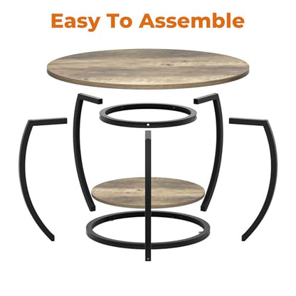 27.6 Inch Round Coffee Table with 2-Tier Storage | Center Table Living Room & Apartment Farmhouse Decor, Stable Waterproof Scratchproof Top, Lightweight Easy Assembly Gray Wash