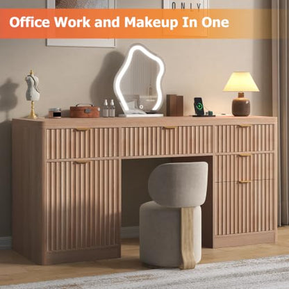 58" Fluted Executive Desk, Wood Home Office Desk (Natural), view 4