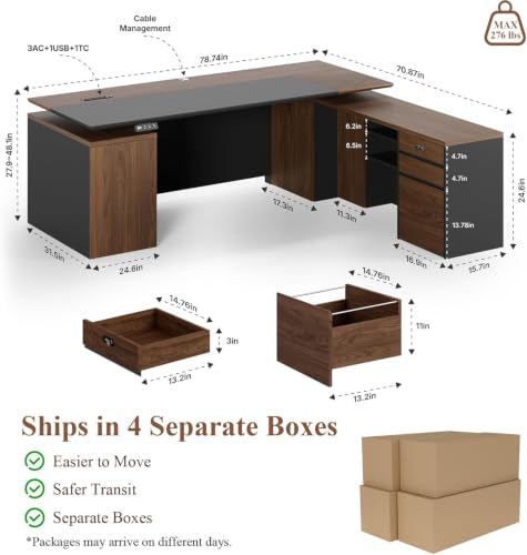 79" L Shaped Executive Desk with File Cabinet Drawers Outlet USB, view 3