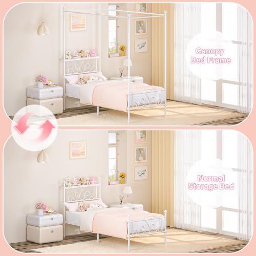 Twin Metal Canopy Bed Frame with Storage Headboard, 4 Poster Bed, White, view 8