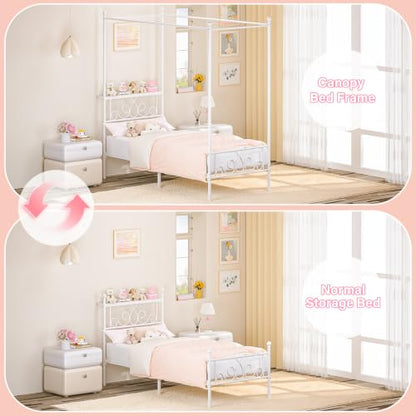 Twin Metal Canopy Bed Frame with Storage Headboard, 4 Poster Bed, White, view 8